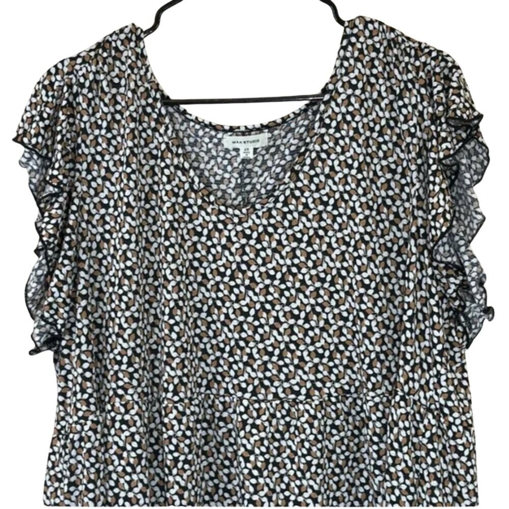 Max Studio Black & Tan Abstract Leaf Print Ruffle SleeveTiered Dress Size 2X - Picture 5 of 9